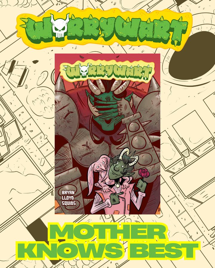 The cover of Worrywart (featuring a despairing armoured mother orc looming over her carefree son), with MOTHER KNOWS BEST below it.