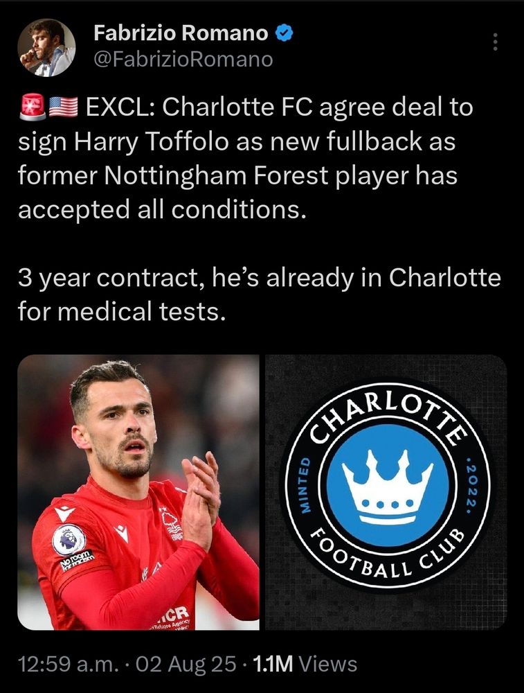Fab:
🚨🇺🇸 EXCL: Charlotte FC agree deal to sign Harry Toffolo as new fullback as former Nottingham Forest player has accepted all conditions.

3 year contract, he’s already in Charlotte for medical tests.
