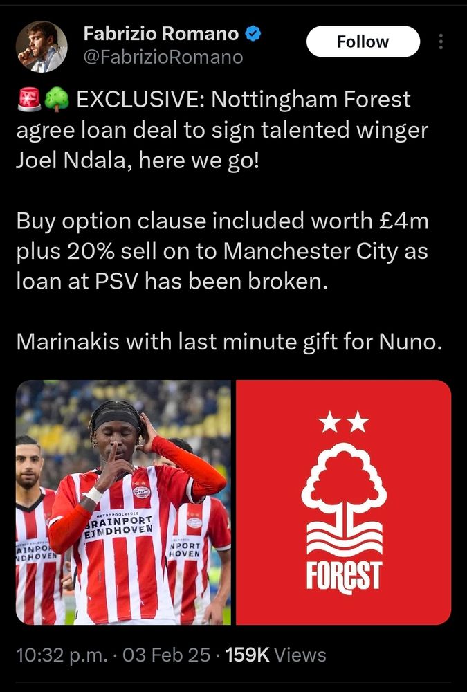 Fab Romano tweets of Forest signing Man City player Joel Ndala 