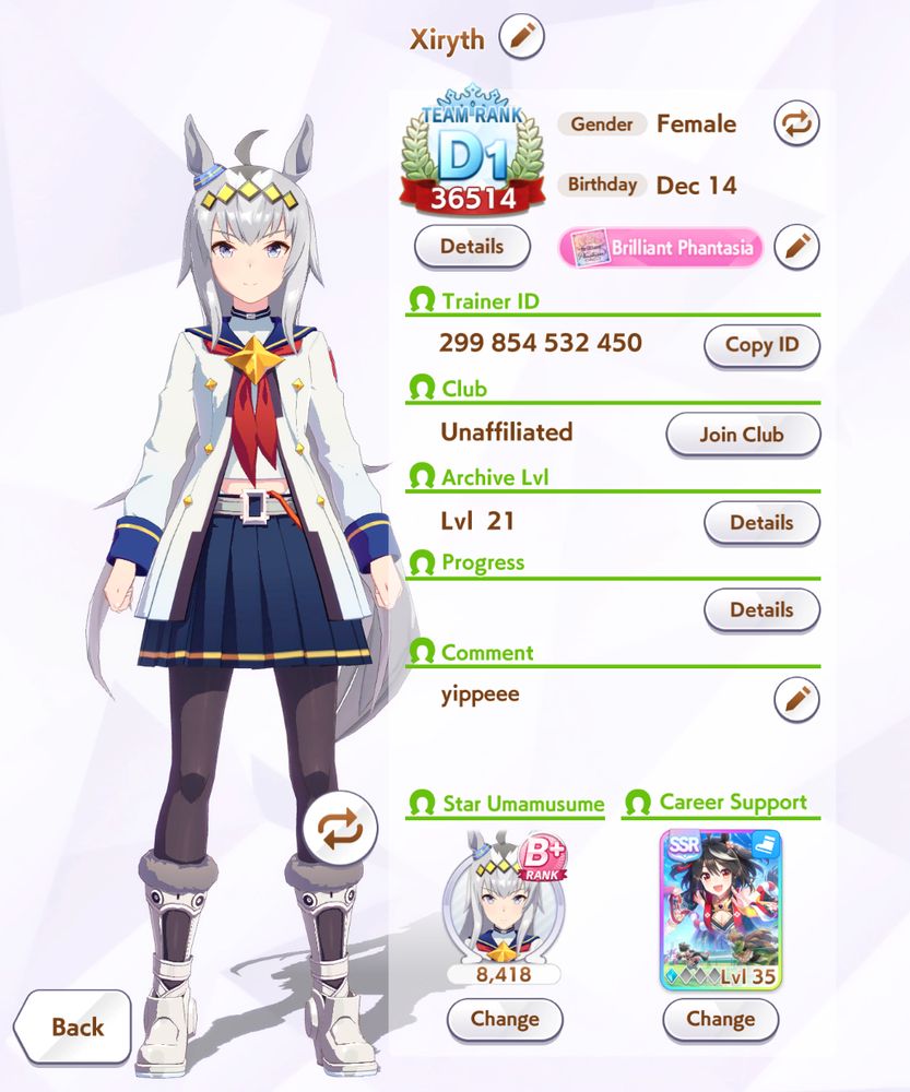 Xiryth's Umamusume profile card. Trainer ID is 299 854 532 450