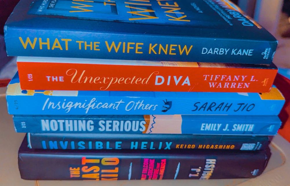 Book covers of the following books: What the Wife Knew by Darby Kane
The Unexpected Diva Tiffany L Warren(1/7)
Insignificant Others by Sarah Jio(4/1)
Nothing Serious  by Emily J. Smith (2/18)
Invisible Helix: A Detective Galileo  by Keigo Higashino (12/17)
The Last Kilo: Willy Falcon and the Cocaine Empire That Seduced America by T. J. English