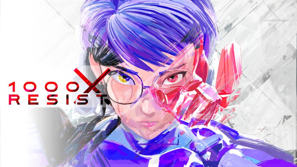 The 1000xRESIST key art, with the character Watcher, who wears a blue futuristic uniform and has short blue hair and round blue glasses. Her face is split on both sides with other characters who look almost the exact same. Iris on the left has black shoulder length hair and a black uniform and also wears round glasses but black. On the right is Principal, who has black hair pulled back and wears a bulky red mask over her face, transparent over the eyes.