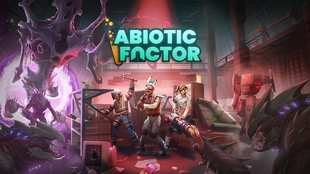 The key art for Abiotic Factor. It depicts a chaotic scene where three scientists with hand crafted weaponry and armor stand scared in the middle of chaos on both sides. To their left, a giant skeletal monster pokes out of a portal and spiny aliens gather just outside of the portal. On the right, a giant robot and soldiers on a balcony above target the scientists. The building they are in is in shambles.