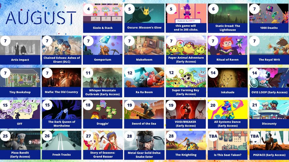 An August 2025 game release calendar listing games releasing throughout the month.

Aug. 4: Sizzle & Stack
Aug. 5: Oscuro: Blossom's Glow, this game will end in 205 clicks
Aug. 6: Static Dread: The Lighthouse
Aug 7: 1000 Deaths, Artis Impact, Chained Echoes Ashes of Elrant DLC, Gemporium, MakeRoom, Paper Animal Adventure early access, Ritual of Raven, The Royal Writ, Tiny Bookshop, Mafia: The Old Country
Aug. 11: Whisper Mountain Outbreak early access
Aug. 12: Ra Ra Boom, Super Farming Boy early access
Aug. 14: Inkshade, OVIS LOOP early access
Aug. 15: OFF, The Dark Queen of Mortholme
Aug. 18: Draggin'
Aug. 19: Sword of the Sea, VOID/BREAKER
Aug. 20: All Systems Dance early access
Aug. 21: Discounty
Aug. 25: Pizza Bandit early access
Aug. 26: Fresh Tracks
Aug. 27: Story of Seasons: Grand Bazaar
Aug. 28: Metal Gear Solid Delta: Snake Eater, The Knightling
TBA: Is This Seat Taken?, PIGFACE
