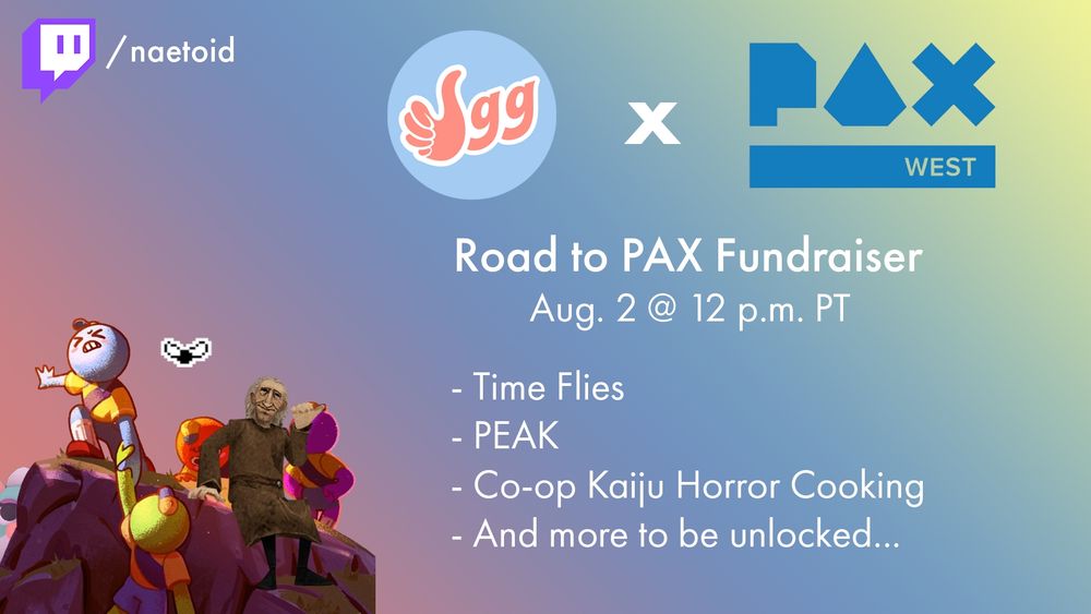 Against a gradient background of VGG's pastel red, blue, and yellow colors, the VGG logo is sat next to the PAX West logo. In the bottom left corner, boy scout-like characters from the game PEAK are climbing a mountain while a monk from Kaiju Co-op Horror Cooking points off into the distance, and a fly from Time Flies floats just overhead.