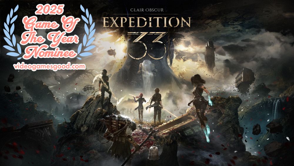 A team of leather-bound warriors stand in the ruins of a city, facing off against a giant woman who is face down, hair draped over her face, crying. Some of the mfloat, some of them wield weapons. They're ready for a fight. The game's name, Clair Obscur: Expedition 33, sits at the top. A badge is stamped in the upper left that signifies this game is a 2025 VGG Game of the Year nominee.