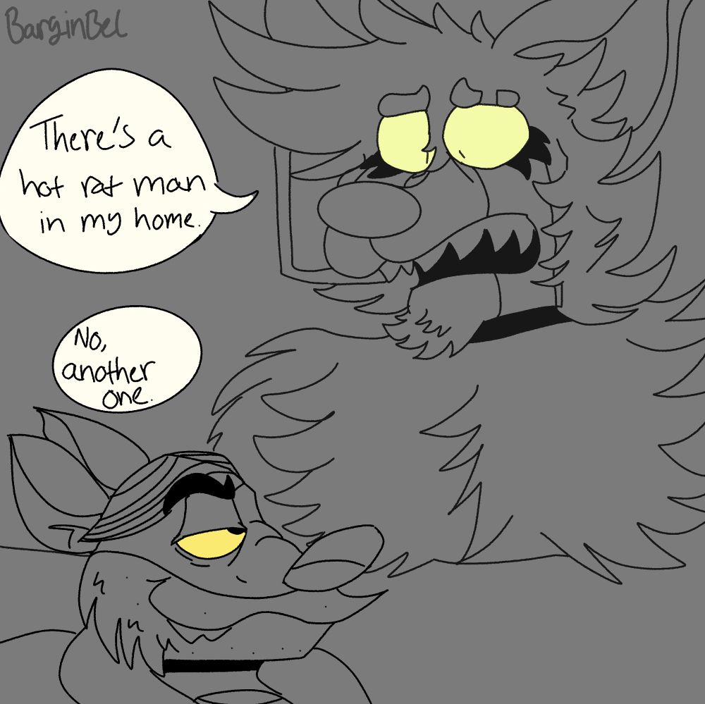 An image of my fursona Bel on their cell phone talking. In the bottom left corner is Ratigan from The Great Mouse Detective. There is text that reads: “There’s a hot rat man in my home. No, another one.”