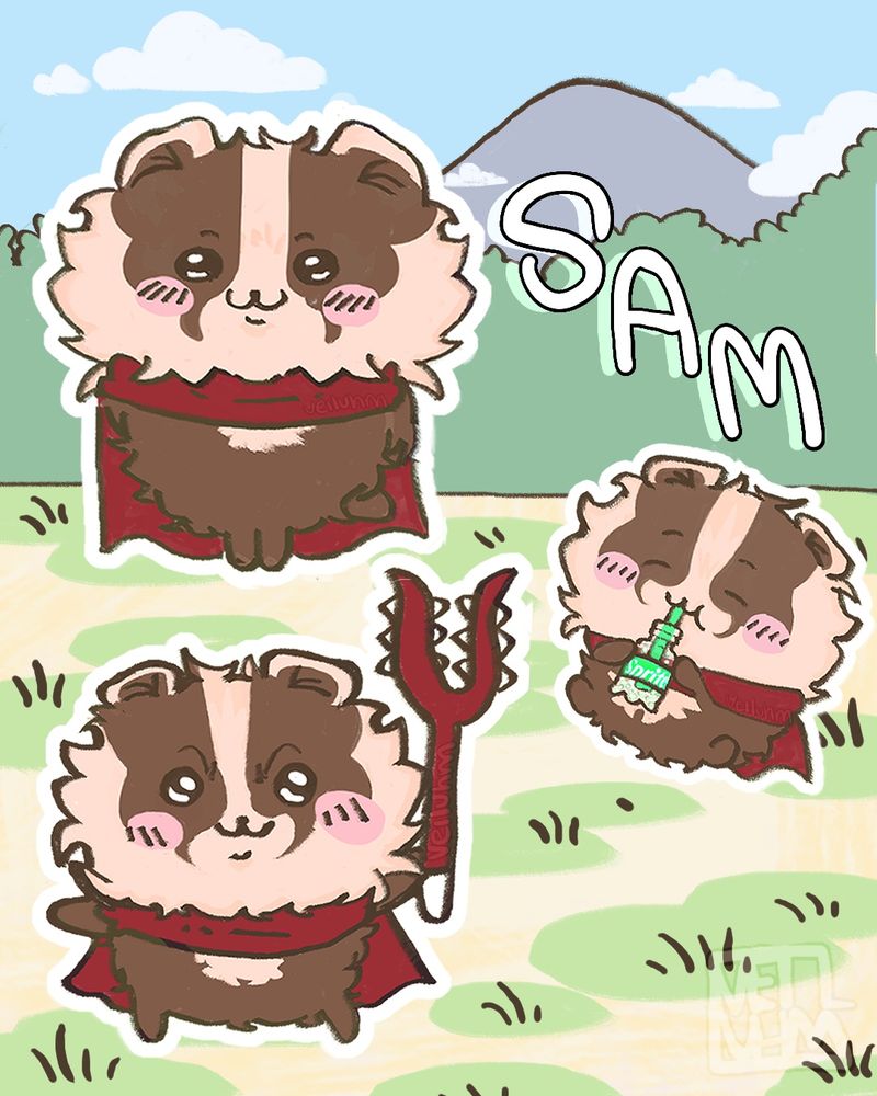 Procreate ibis paint x clip studio paint kirta digital art chiikawa badger cute sona kawaii oc brown red scarf red weapon chiikawa background blush drinking sprite sam mountain sky bush grass thick white outline evil smile eyes closed smile