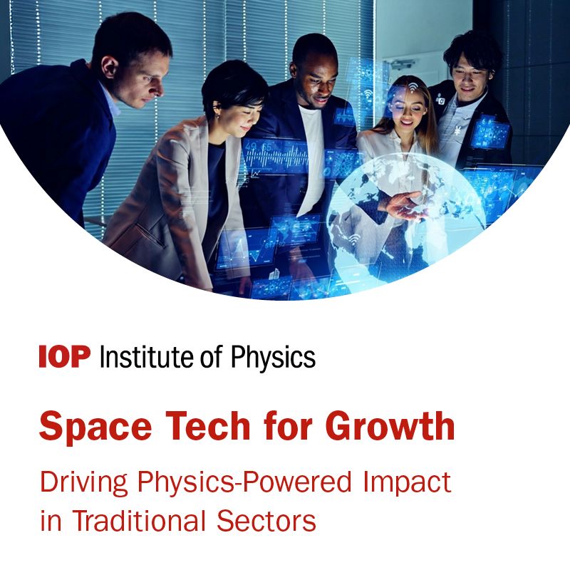 Group of five professionals analysing holographic data projections in a meeting, with the logo of the Institute of Physics and text reading "Space Tech for Growth - Driving Physics-Powered Impact in Traditional Sectors" displayed below.
