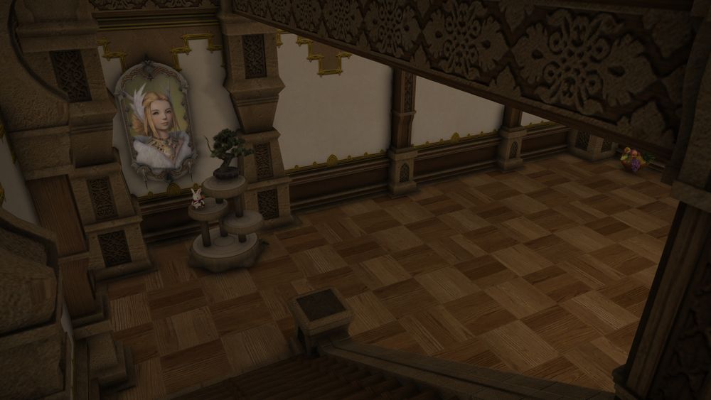 Screenshot (Final Fantasy 14) showing the brightly lit stairwell to the lower floor of a small home. The warm wood and intricate carvings of the stairwell frame a portrait of Kan-e-senna.