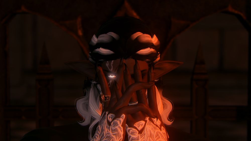 A gpose screenshot of an elezen (elf) man, Lucien. He has dark skin and white-streaked black hair, his hands are covered in white scales, his fingers are clawed, and his right eye is white with a glowing iris. His hands cover most of his face, only clearly showing his right eye and the streaks of white around it. He is wearing a wedding band on his left ring finger and a ring with the symbol of House Fortemps on his right index finger. The scene is dim with strong, warm light radiating from the right side.
