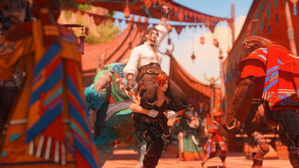 A gpose screenshot of a bustling marketplace. The main focus is on two midlander men, Big Punch and Meteor Survivor. Big Punch is pale with red hair and freckles, and he is dressed in loose-fitting red and black clothes with white hand wraps. Meteor has slightly darker skin and brown hair, and he wears a white, low-cut shirt, fingerless gloves, brown pants with many belts and pouches, and brown knee high boots. Around them are people of Tuliyollal going about their business, including a boonewa mamool ha and a tonawawta in the foreground, a hoobigo mamool ja to the right, a hanu passing behind, a pelu walking to a stall, and a moblin and x'braal landsguard having a disagreement in the background. Big Punch is carrying a cheering Meteor on his shoulders as he runs through Bayside Bevy.