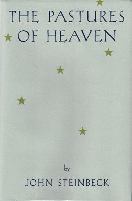 Pastures of Heaven by John Steinbeck book cover. The cover is off white with six little yellow stars placed around it.