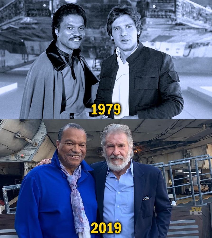 1979 vs 2019 picture of Billy Dee Williams and Harrison Ford 