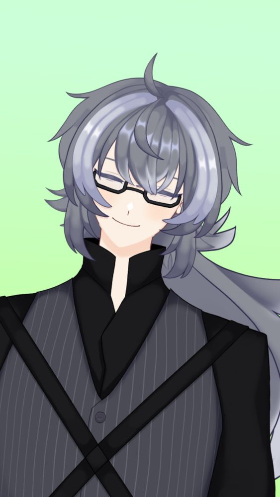 A Vtuber with gray hair and a black outfit wearing glasses smiling
