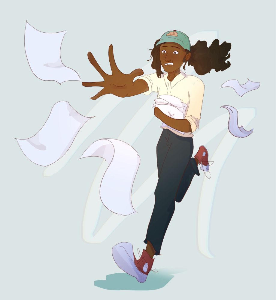 Gina Goodman, a woman wearing a simple white buttonup, plain dark pants, red converse, and a light blue baseball cap, carrying papers as more papers fly away. She is reaching forward and actively chasing the papers, with a nervous look on her face