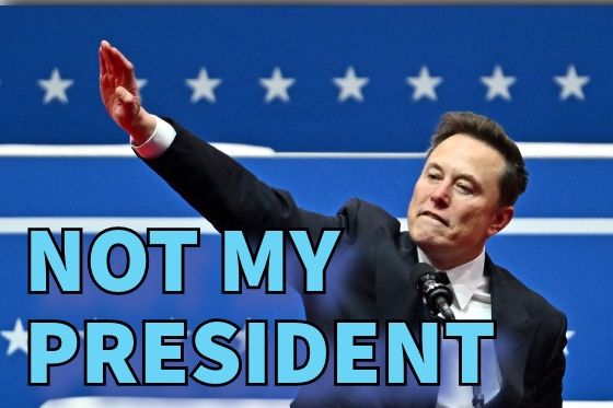 Picture of Felon Busk doing the infamous hand gesture, with the words NOT MY PRESIDENT