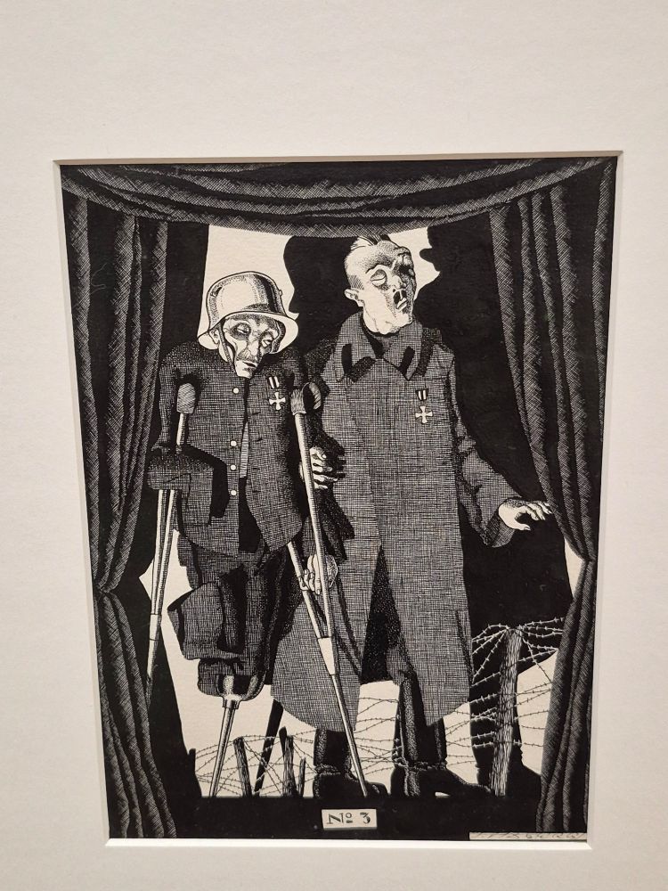 Ink illustration of 2 disabled injured soldiers, framed by theatre curtains, titled Winners
