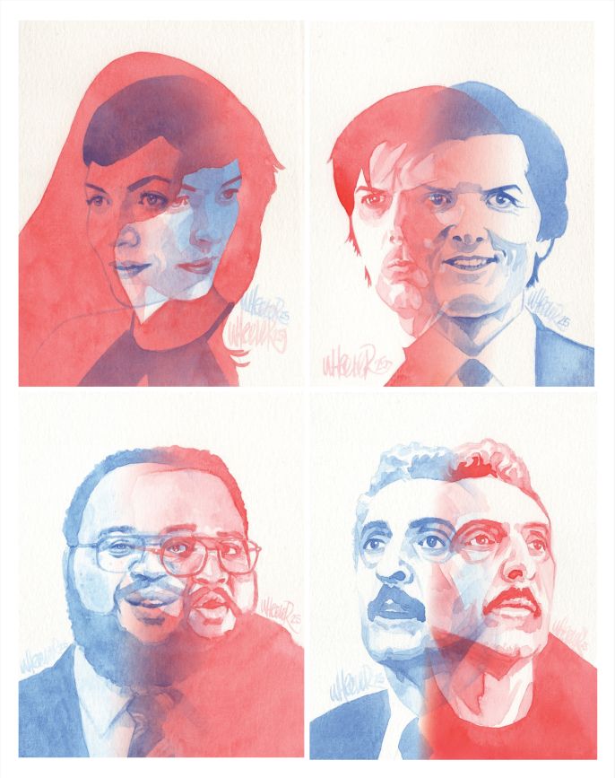 Severance art: A four panel collage of watercolor portriats by @jeremywheeler.bsky.social Each of the four main MDR staff, with dual images showing their innies in blue, their outies in red. Each is signed twice in each ink color, “Wheeler25.”