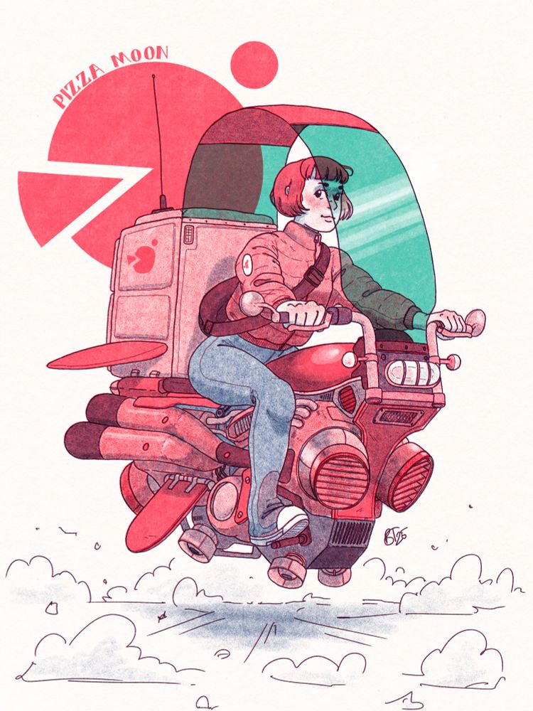 Digital 3-colour (red, blue, green) illustration of a near(?) future pizza delivery driver riding a hoverbike. The pizza restaurant’s logo is in the background. Done in Procreate