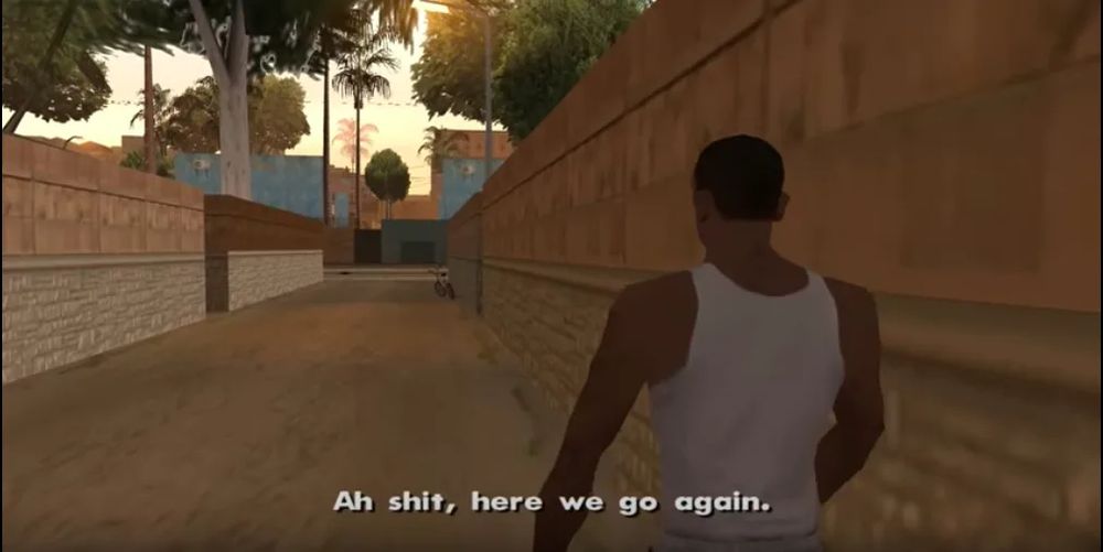 Meme do personagem CJ do jogo Grand Theft Auto: San Andreas, onde ele está caminhando num beco com a legenda "Ah shit, here we go again."