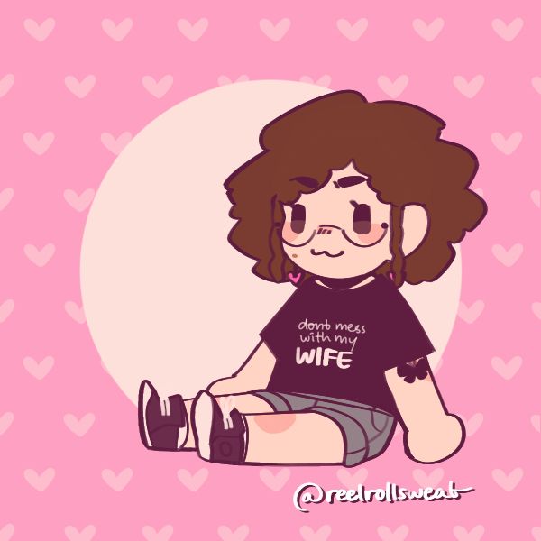 Imagem criada em um avatar maker no Picrew, me representando vestindo uma blusinha preta escrito "don't mess with my WIFE", short jeans cinza e tênis all star preto