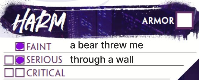 A screenshot of the Urban Shadows 2 character sheet, showing 2 harm marked and the reason being "a bear threw me through a wall"