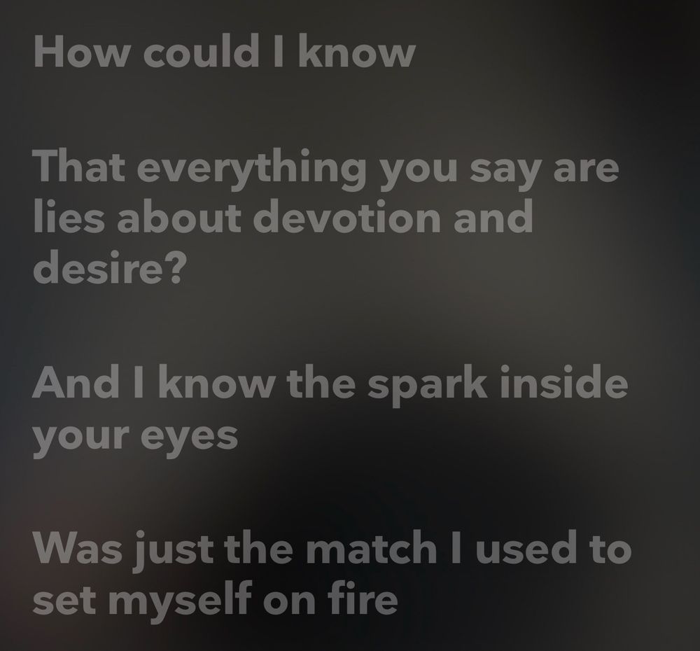How could I know
That everything you say are lies about devotion and desire?
And I know the spark inside your eyes
Was just the match I used to set myself on fire