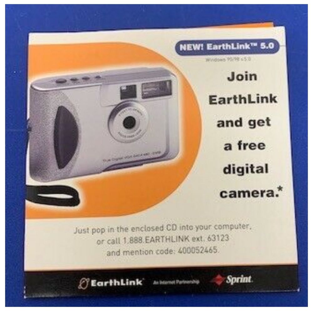 Vintage photo ad for EarthLink with a picture of an old digital camera. The ad reads: New EarthLink 5.0 Windows 95/98. Join EarthLink and get a free digital camera* Just pop in the enclosed CD into your computer