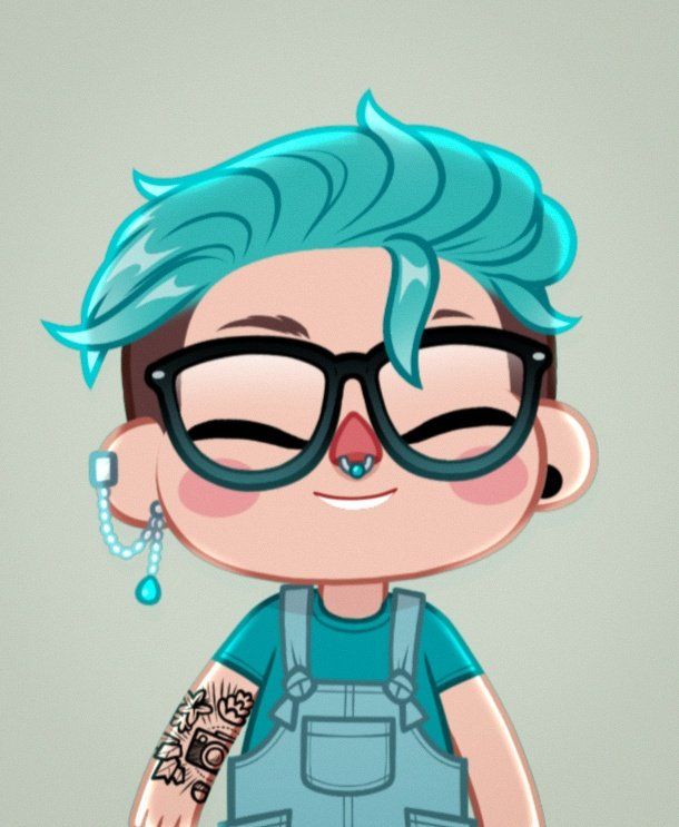 A screenshot of Roo's vtuber, who is drawn in a style somewhat reminiscent of an Animal Crossing villager. He has dyed teal hair, glasses, and a septum ring, and is wearing a teal t-shirt with a lighter pair of teal dungarees.