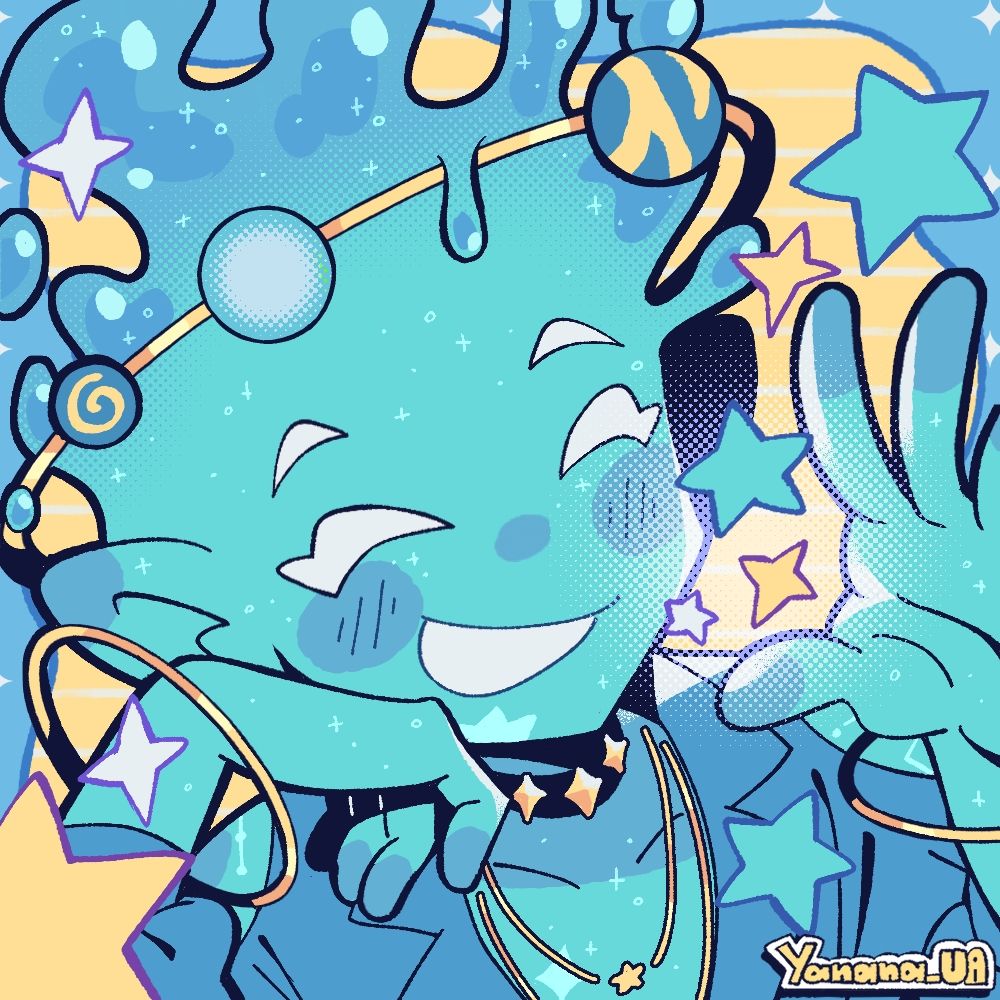 A bright, poppy illustration of Roo's vtuber's true form, done by Yanana_UA. The character is from and of the stars, with light teal skin made up of glowing stars and constellations. Their eyes are white, and they have a big smile as they reach one hand towards stars that are floating in front of them. They wear a deep v neck shirt with shoulder cut outs and saturn-like rings with planets on it surround their head.