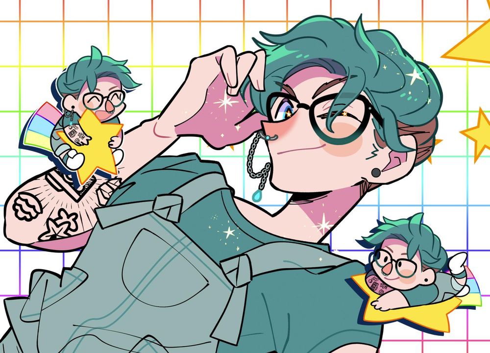 An illustration of Roo’s Vtuber, done by ahirumamire on Skeb. He has dyed teal hair with dark brown sides, and wears glasses. He has a septum piercing and a dangly earring, and is in 3/4 view of the camera. The image is from shoulders up, and he has a cheeky expression on his face; a wink with a slight smile, and one hand is raised up to his glasses where he's adjusting them. Behind him are some cartoon stars.