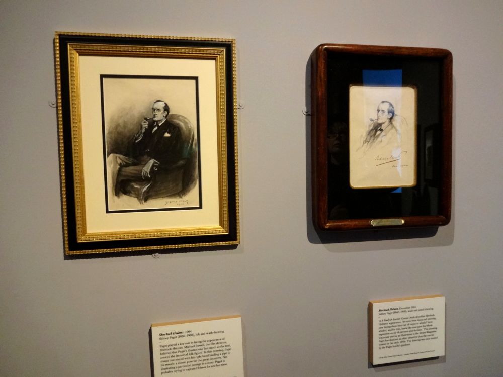 Two drawings of Sherlock Holmes by Sidney Paget displayed at the Museum of London's 2014-15 Sherlock Holmes exhibition