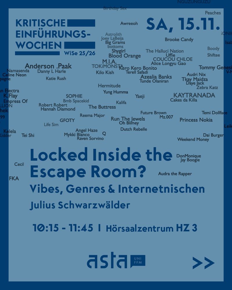 Poster für Vortrag: Kritische Einführungswochen, Sa, 15.11. – Locked Inside the Escape Room? Vibes, Genres & Internetnischen. Julius Schwarzwälder, 10:15–11:45 Hörsaalzentrum HZ 3. 