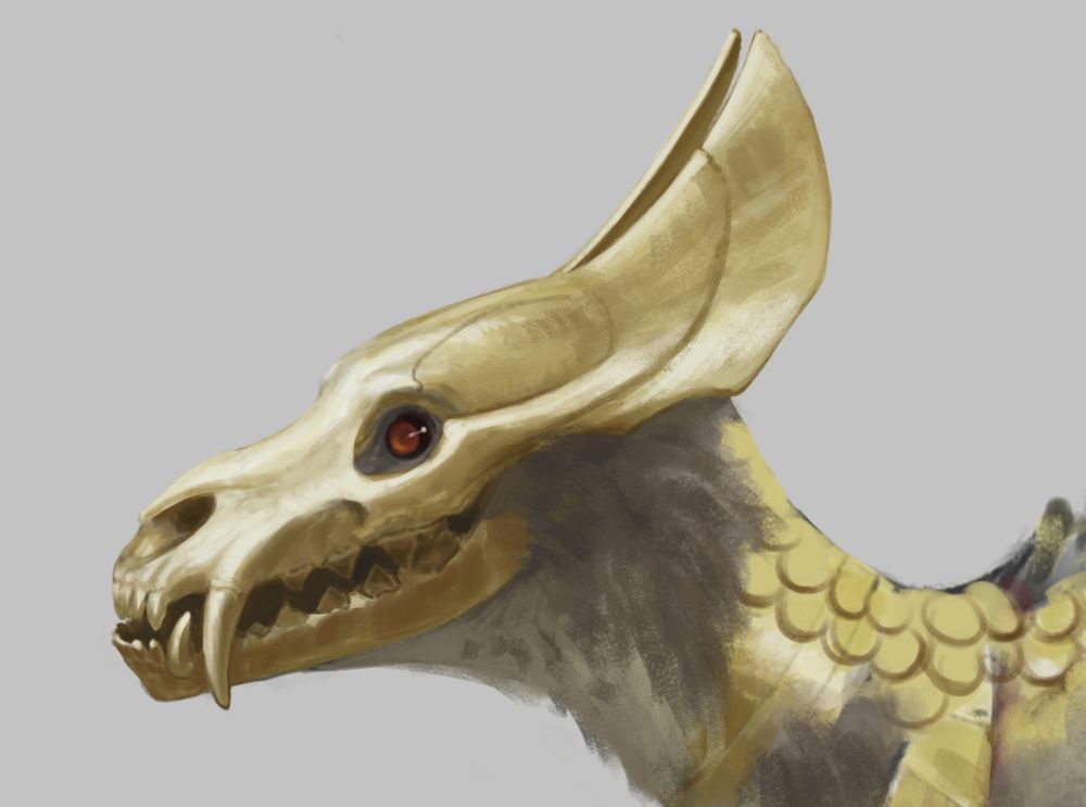 The head of an undead jackal creature. It's golden skull is exposed and there are two fin like extrusions swooping up from the back of the skull