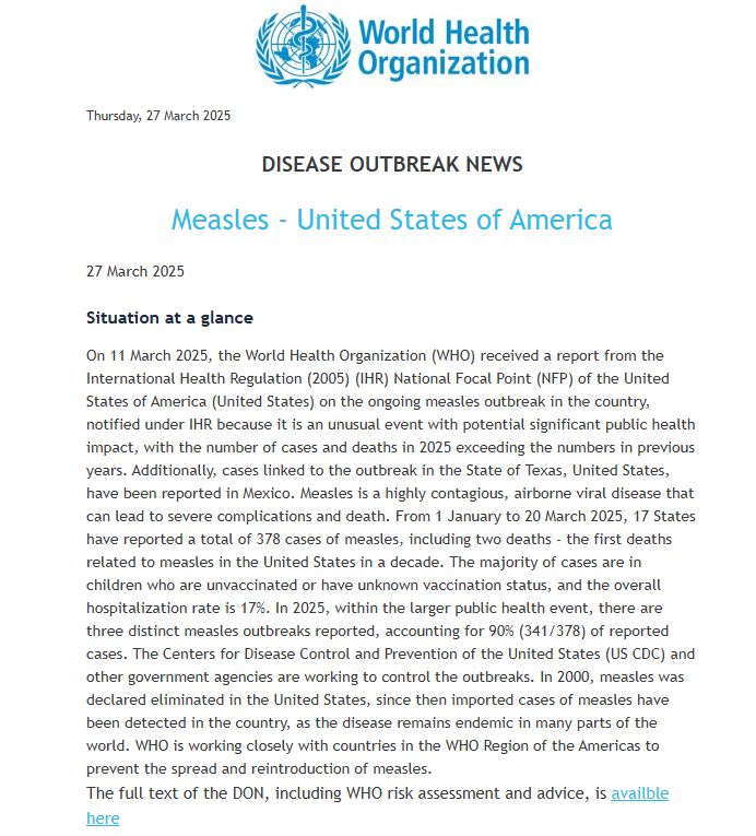 WHO announcement for Measles outbreak in the United States