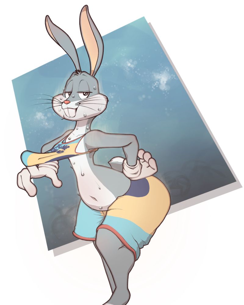 A very sweaty, steamy Bugs Bunny pulling his tank top up from his body with his right thumb. He is also wearing his "Space Jam: A New Legacy" basketball uniform.