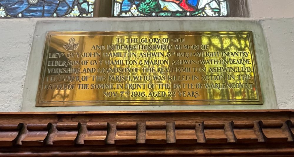 War memorial plaque commemorating Lieutenant Guy John Hamilton Ashwin of the Durham Light Infantry.