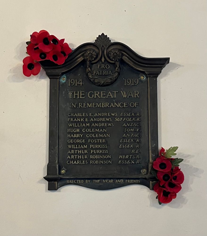 War memorial plaque. St. Andrew’s Church, Hempstead, Essex.