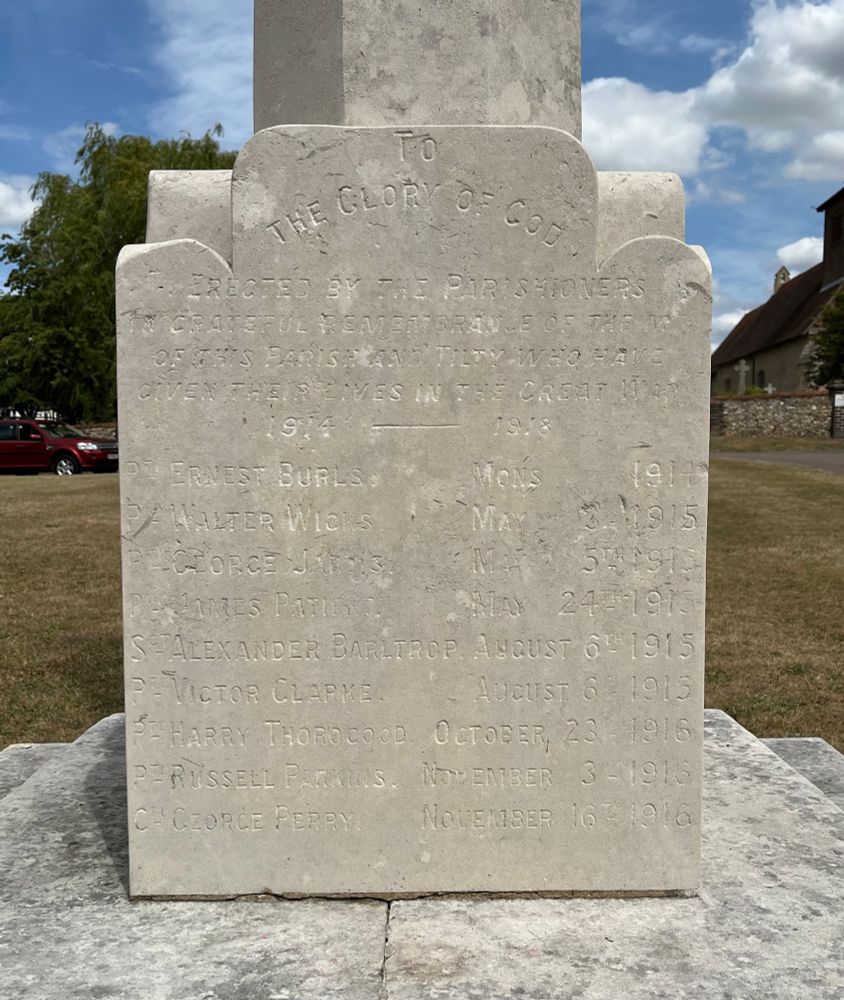 Great Easton and Tilty war memorial. Inscription and First World War names.