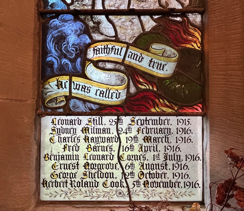 Stottesdon war memorial window. Names.