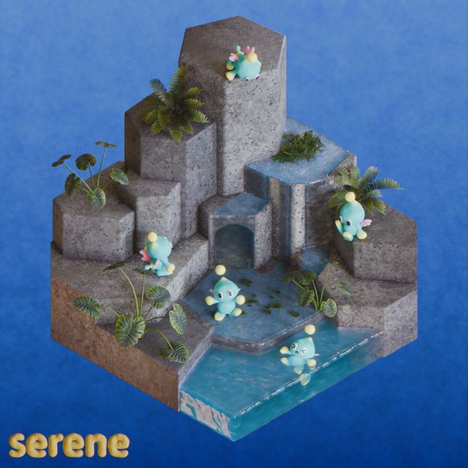 3d render done in Blender with an isometric view. Chaos playing in the rocky waterfall area of the chao garden in Sonic Adventure 2.