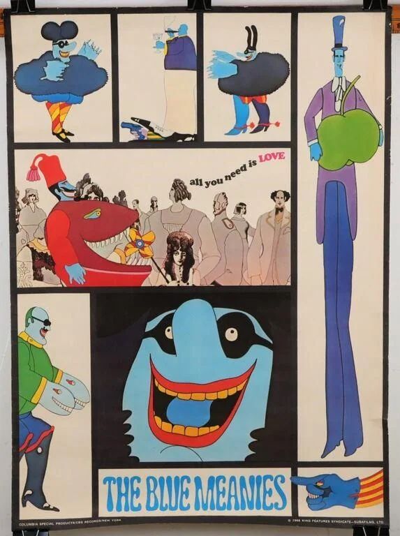 Poster showing several scenes of The Blue Meankes from the movie Yellow Submarine