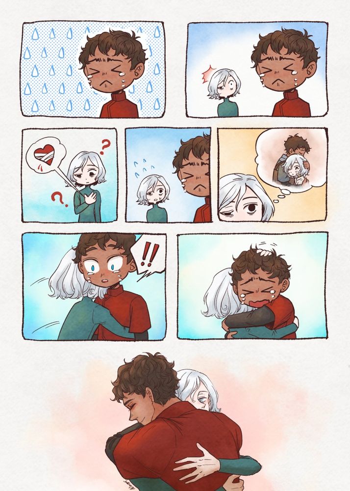 Dungeon Meshi fancomic (Kabru X Mithrun): Mithrun finds Kabru crying and comforts him with a hug.