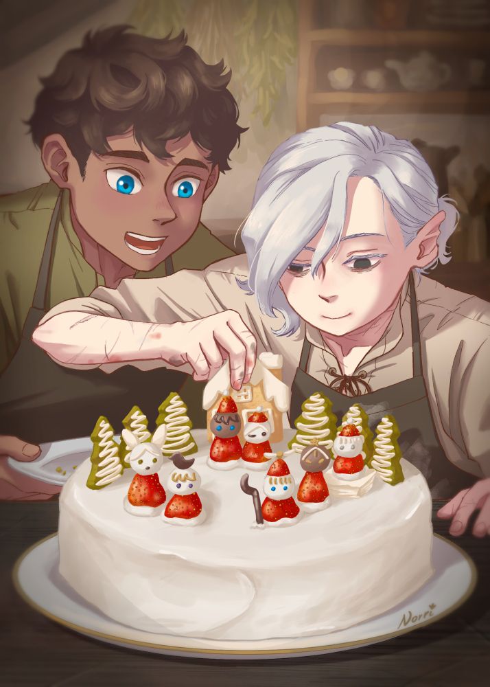 Dungeon Meshi fanart (Kabru & Mithrun): Mithrun is making a Christmas cake with Kabru's help.