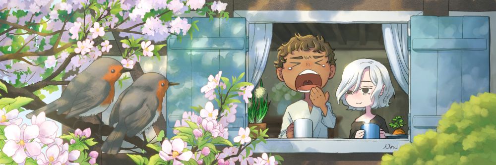 Dungeon Meshi fanart (Kabru X Mithrun): Kabru and Mithrun enjoy a spring morning together. Outside, a pair of robins are perched on a branch of a blossoming apple tree.