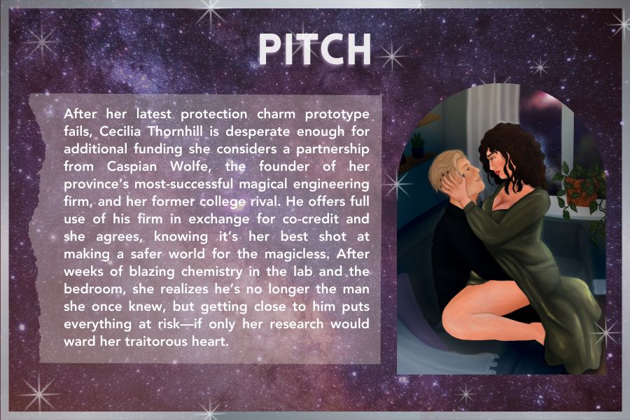 Text, left: After her latest protection charm prototype fails, Cecilia Thornhill is desperate enough for additional funding she considers a partnership from Caspian Wolfe, the founder of her province’s most-successful magical engineering firm, and her former college rival. He offers full use of his firm in exchange for co-credit and she agrees, knowing it’s her best shot at making a safer world for the magicless. After weeks of blazing chemistry in the lab and the bedroom, she realizes he’s no longer the man she once knew, but getting close to him puts everything at risk—if only her research would ward her traitorous heart. 
Photo, right: A dark haired woman in a green dress sits in a blond man's lap. 