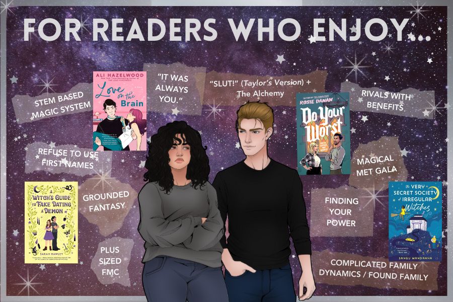 For readers who enjoy: 
- stem based magic system
- love on the brain by ali hazelwood
- refuse to use first names 
- a witch's guide to fake dating a demon by sarah hawley
- grounded fantasy 
- plus-sized fmc 
- "it was always you"
- "slut!" (taylor's version) + the alchemy
- do your worst by rosie danan
- magical met gala
- rivals with benefits
- finding your power
- the very secret society of irregular witches by sangu mandanna 
- complicated family dynamics/found family
Center; photo of a brunette woman scowling at a blond man
