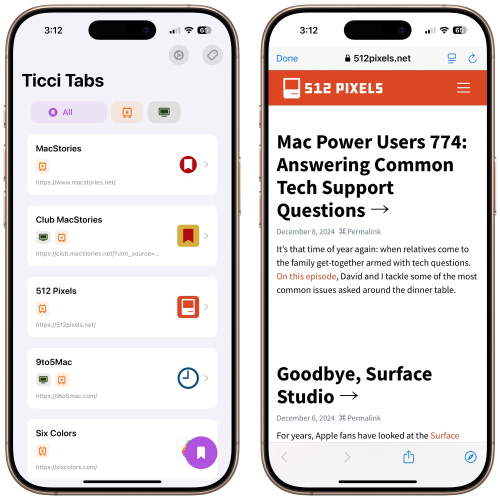 Two iPhones showing my iOS app Ticci Tabs. A browser app that lets you visit your favorite websites.