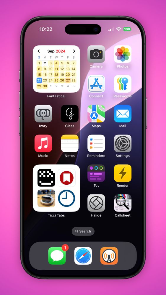 An iPhone Home Screen showing a widget from Ticci Tabs. The widget lets you have websites favicons so you can tap on them and visit that website. 